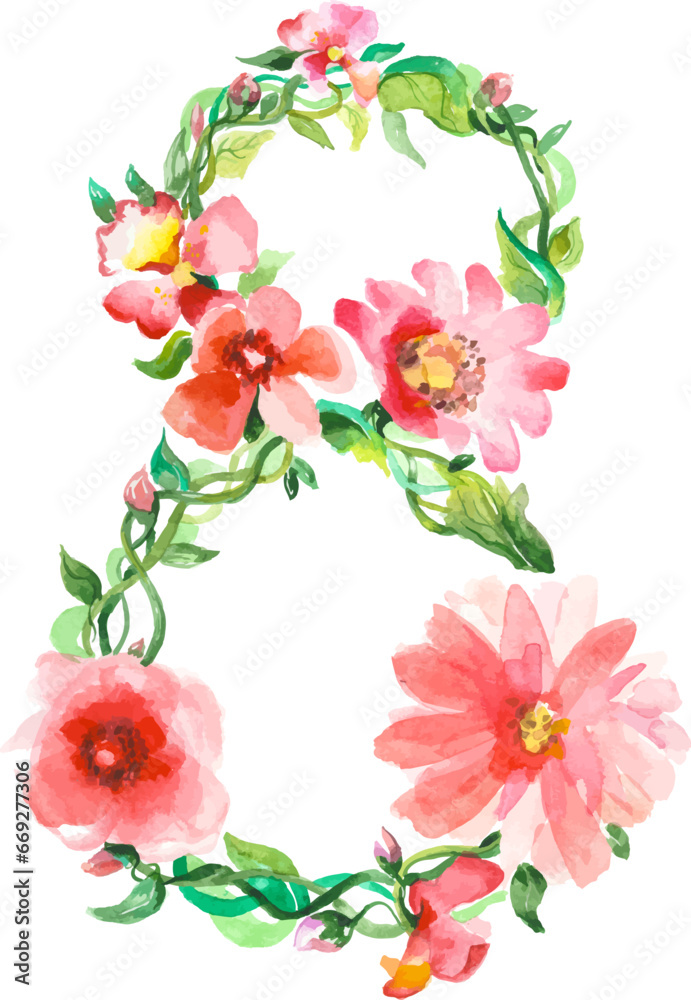 Vector Watercolor International Happy Women's Day - 8 March holiday illustration