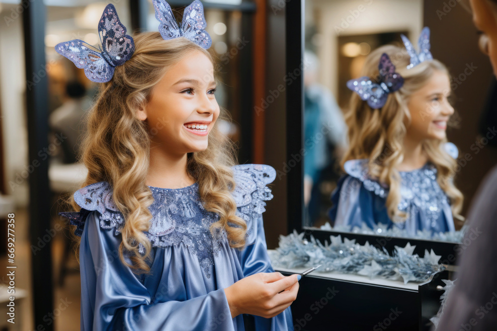 Smiling little girl with long wavy hair in a beautiful butterfly fairy costume