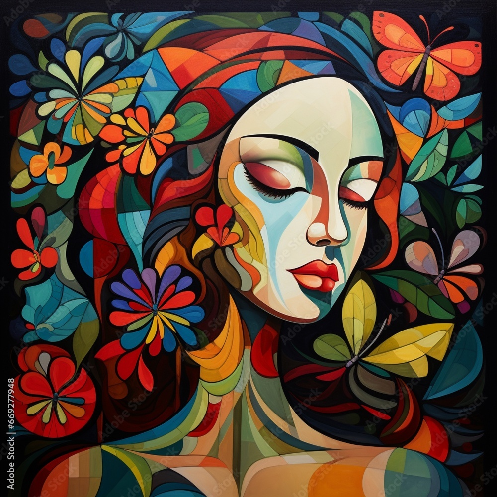 Beautiful hand drawn girl colorful face abstract painting wallpaper image AI generated art