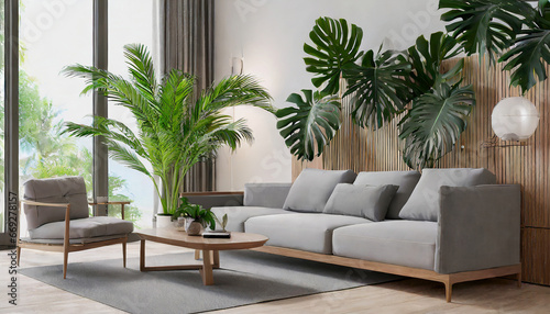 modern living room interior with gray sofa, wooden furniture and palm tropical leaves, 3d rendering © Beste stock