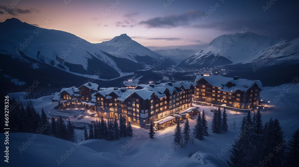 Alpine Elegance Unleashed: Embrace the Night at Our Luxurious Snowy Mountain Retreat! - obrazy, fototapety, plakaty 