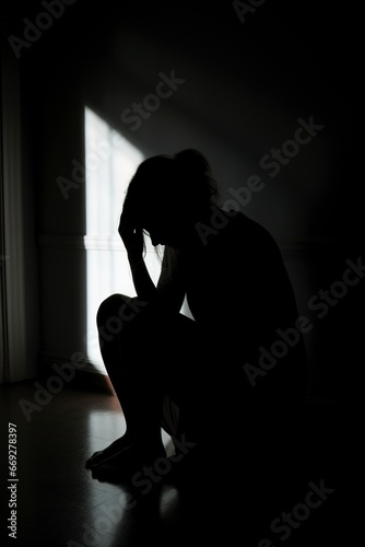silhouette of a sad woman sitting on the ground