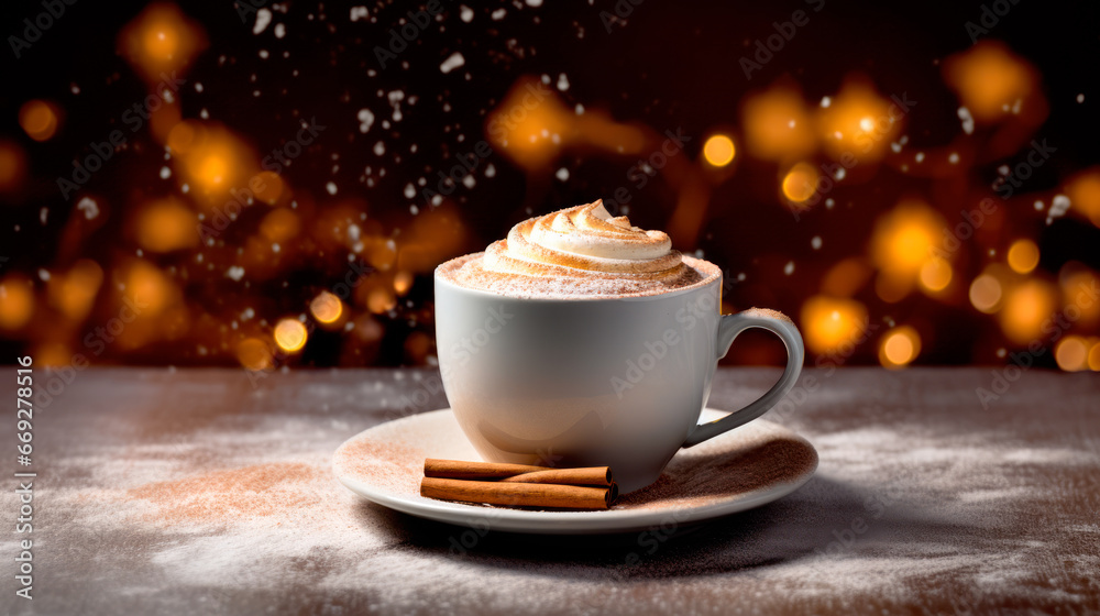 A white coffee with whipped cream in ceramic cup sitting on a black table and bokeh backdrop. Autumn and Winter mood. A white coffee with whipped cream in ceramic cup sitting on a black table and bokeh backdrop. Autumn and Winter mood.