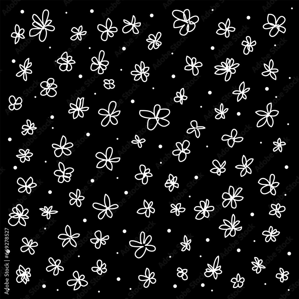 Vector texture in the form of a contour pattern of white flowers drawn by hand on a black background in doodle style Vector texture in the form of a contour pattern of white flowers drawn by hand on a black background in doodle style