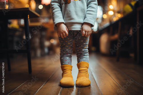 little girl in yellow socks is standing on a wooden floor