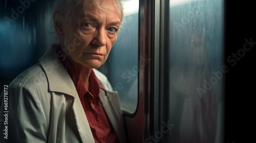 Müde und mürrisch blickende Frau in der Bahn photo