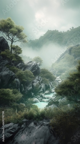 Beautiful mountain river tree sky painting wallpaper images AI generated art © Biplob