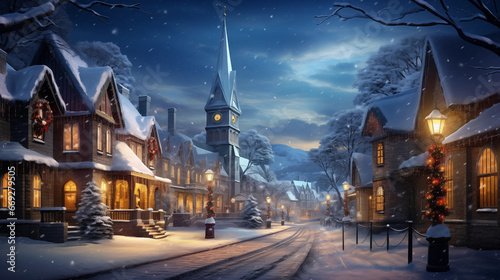 Christmas Decorated Snowy Street with Church
