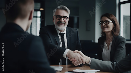 Firm handshake means successful completion of deal or passing an interview. Smiling middle-aged man is pleased with the completion of the process.