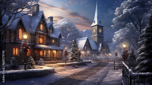 Christmas Decorated Snowy Street with Church