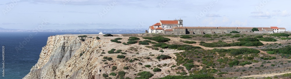 Panoramic landscape over the Sanctuary of Our Lady of Cabo Espichel, located at the westernmost point of the coast of Sesimbra, Portugal