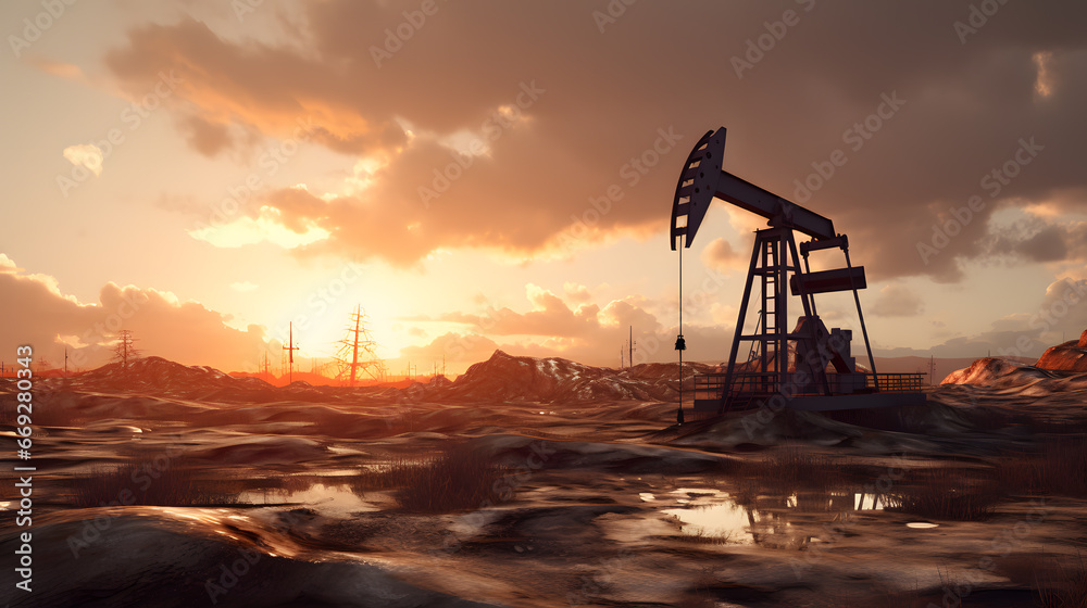 Photo of crude oil pumpjack rig at sunset. Concept art of oil production or issues of nature protection Photo of crude oil pumpjack rig at sunset. Concept art of oil production or issues of nature protection