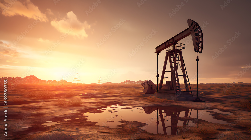 Photo of crude oil pumpjack rig at sunset. Concept art of oil production or issues of nature protection 