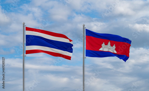 Cambodia and Thailand flags, country relationship concept