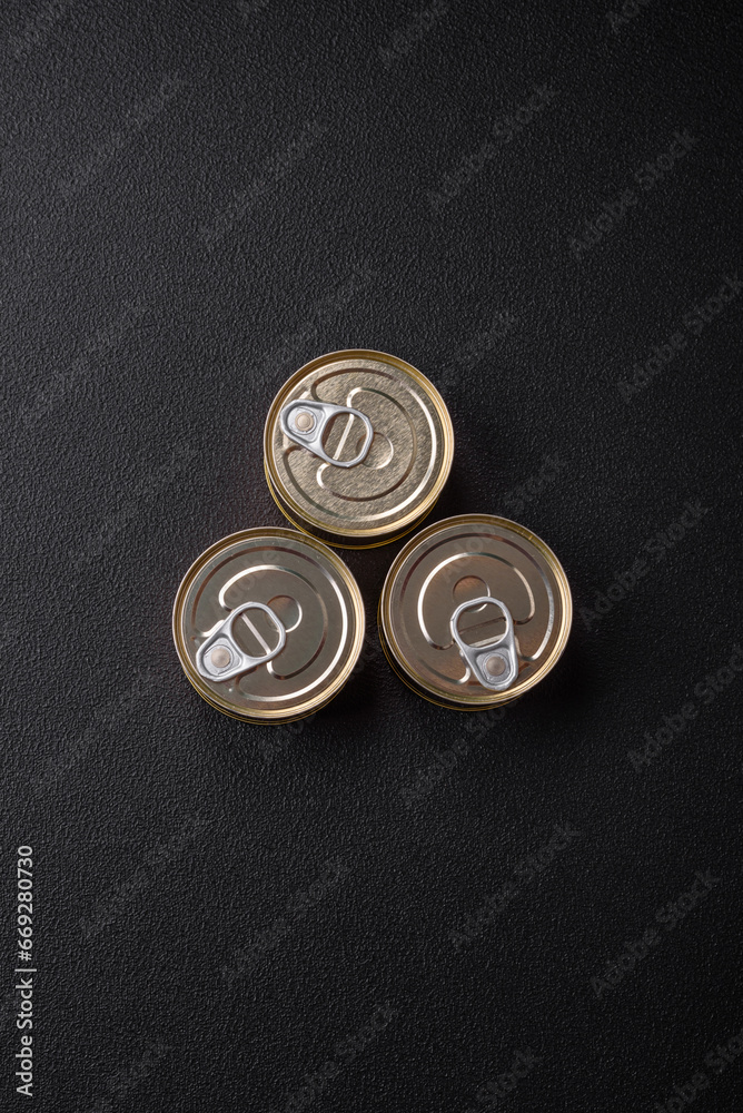 Round metal can with canned fish or meat with a key Round metal can with canned fish or meat with a key