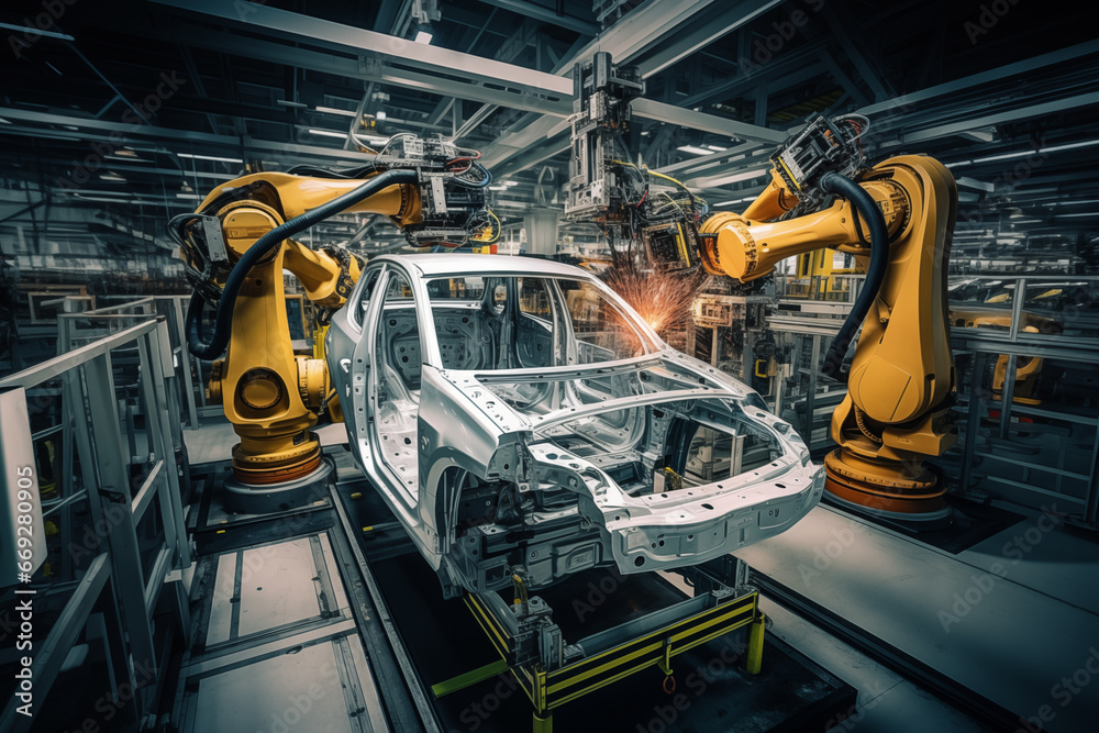 Automatic robotic manipulator working in a modern automobile factory, production automation using robotics