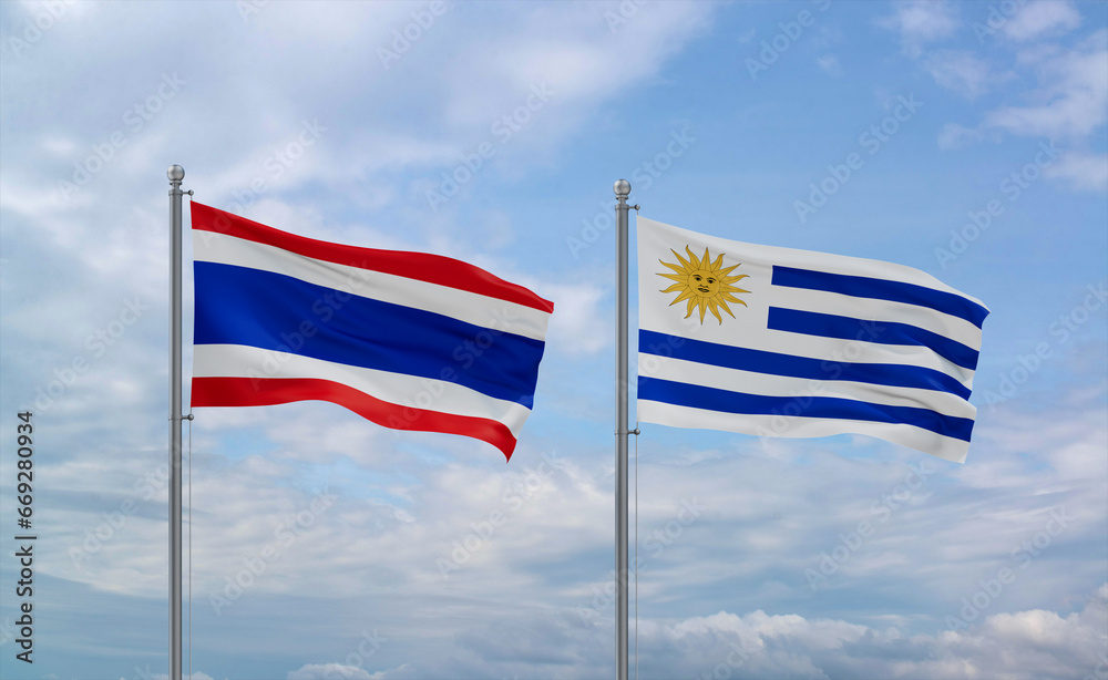 Uruguay and Thailand flags, country relationship concept