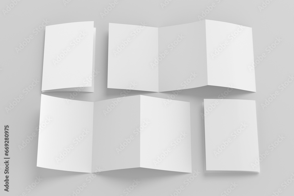 Vertical A5 pages accordion or zigzag trifold brochure mockup on white background. Three panels, six pages leaflet Vertical A5 pages accordion or zigzag trifold brochure mockup on white background. Three panels, six pages leaflet