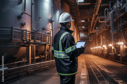 An engineer in a hard hat with a tablet in his hands in the production workshop of an industrial enterprise