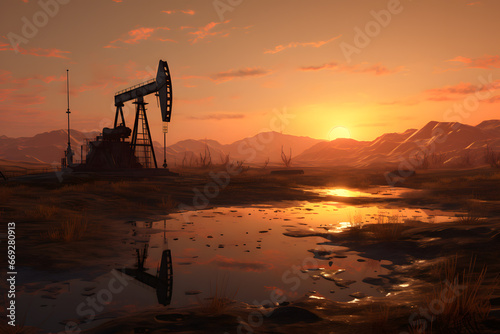 Photo of crude oil pumpjack rig at sunset. Concept art of oil production or issues of nature protection 