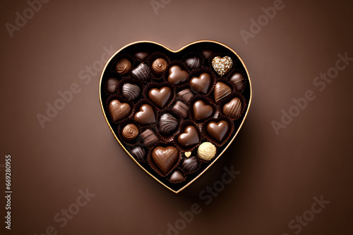 A heart shaped chocolate box with luxury filled chocolates on a brown gradient background - Generative AI © alpermer