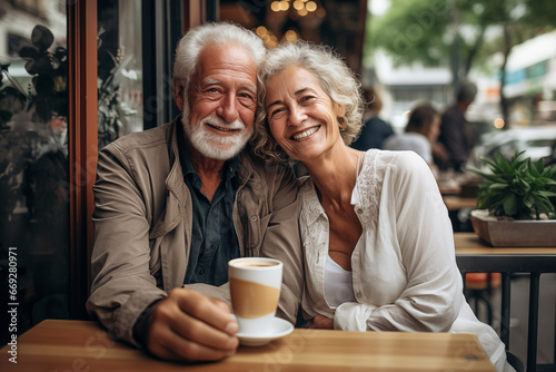 A nice elderly couple is sitting at a table in a street cafe, smiling