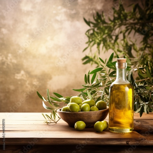 Bottle olive oil olives wooden tables green wallpaper iamge AI generated art