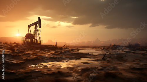 Photo of crude oil pumpjack rig at sunset. Concept art of oil production or issues of nature protection  photo