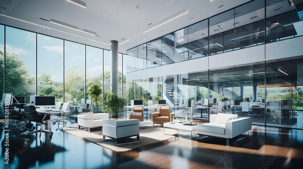 Beautiful photo of a clean and cozy office with big windows. Lots of sunlight creates a pleasant working atmosphere in a large open office space - obrazy, fototapety, plakaty 