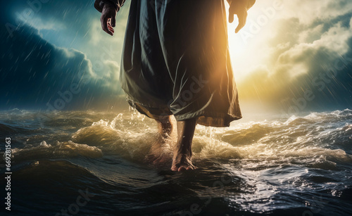 Jesus walks on water across the sea during a storm. Biblical theme concept. photo