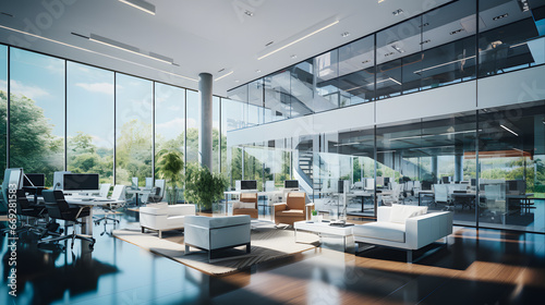 Beautiful photo of a clean and cozy office with big windows. Lots of sunlight creates a pleasant working atmosphere in a large open office space photo
