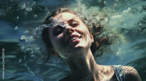 Young happy woman swimming in the water © cherezoff