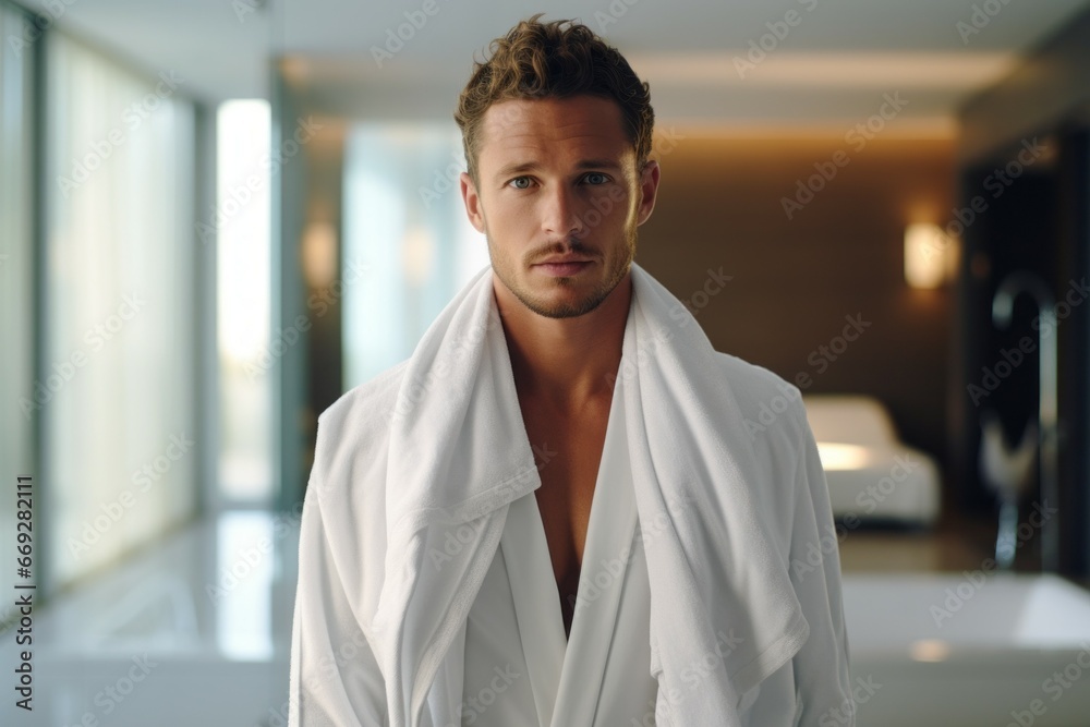 A man gets out of the shower. Portrait with selective focus and copy space A man gets out of the shower. Portrait with selective focus and copy space