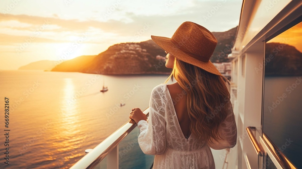 Luxury cruise ship travel elegant tourist woman watching sunset on balcony deck of Europe Mediterranean cruising destination.  - obrazy, fototapety, plakaty 