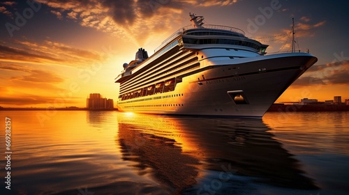 Luxury cruise ship leaving port at sunset, generative ai