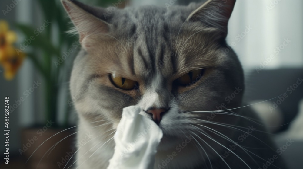 Cat which sneezing with closed eyes runny animal illustration picture AI generated art Cat which sneezing with closed eyes runny animal illustration picture AI generated art