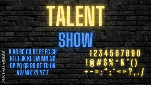 Talent show with Gold and neon blue with the alphabet and numbers on the dark grey brick background.