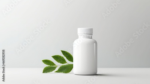 Mockup empty, a blank supplement bottle, on a clean white background, with leaf behind, copy space, 16:9
