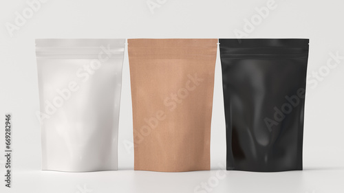 Black, craft and white packaging pouches mockup for tea, coffee, snack on white background