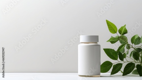 Mockup empty, a blank supplement bottle, on a clean white background, with leaf behind, copy space, 16:9