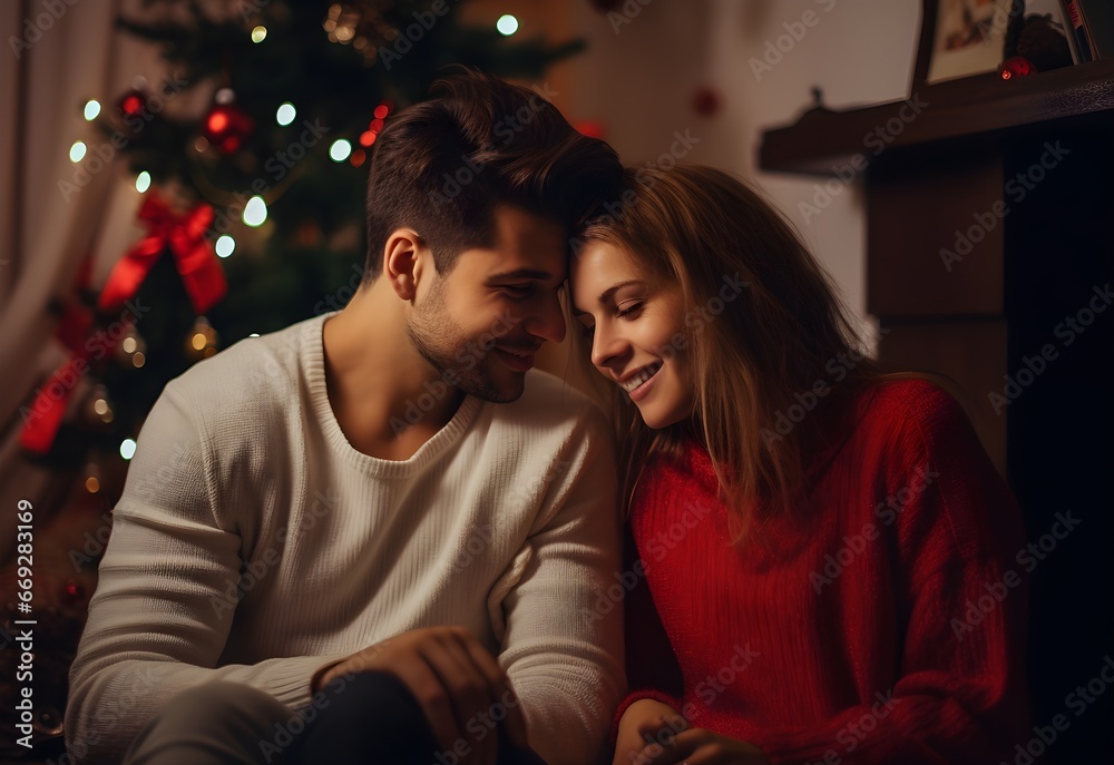 Portrait of cheerful multiethnic couple in festive clothes, pink, bright warm colors, snow, embracing and smiling at camera, sitting on couch at home, spending New Year 2024 together, Christmas tree