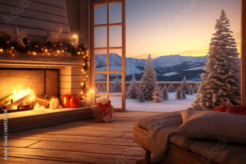 cozy living room lighted with numerous lights decorated ready to celebrate Christmas. New Year room interior design Xmas tree candles and garland lighting indoors fireplace, sunset beautiful view