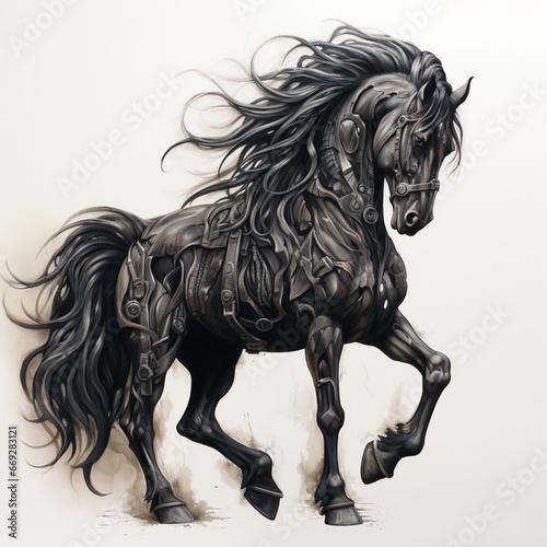 Cheval noir realiste black horse animal clair obscur illustration picture AI generated art