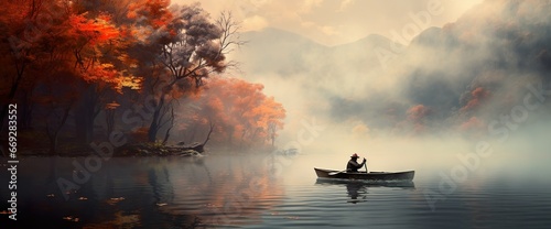 Person rowing on a calm lake in autumn, aerial view only small boat visible with serene water around - lot of empty copy space for text