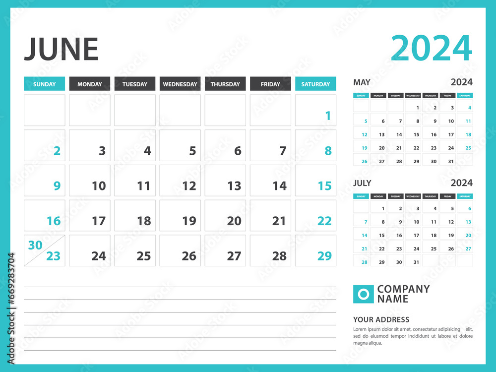 Monthly calendar template for 2024 year. June 2024 year, Week Starts on Sunday, Desk calendar 2024 design, Wall calendar, planner design, stationery, printing media, advertisement, vector Monthly calendar template for 2024 year. June 2024 year, Week Starts on Sunday, Desk calendar 2024 design, Wall calendar, planner design, stationery, printing media, advertisement, vector