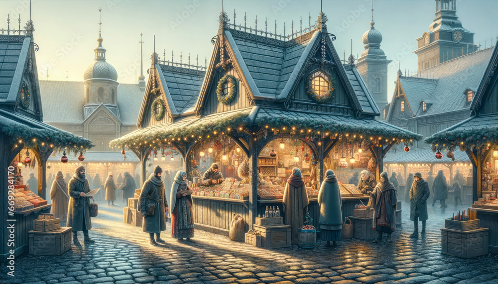 Obraz premium Ancient Christmas Market with Holiday Atmosphere