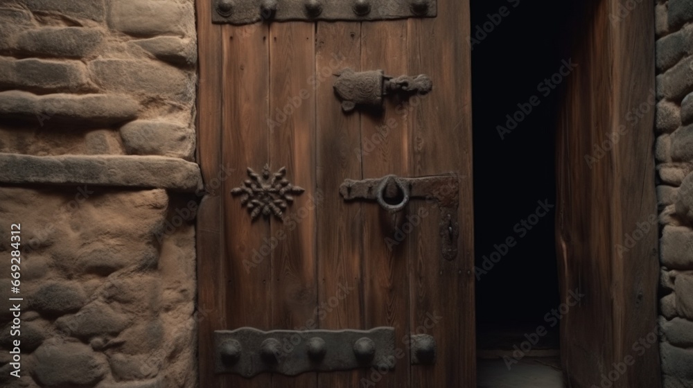 Closeup wooden door dungeon wall design illustration image AI generated art