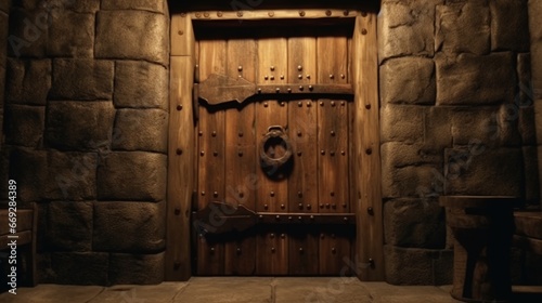 Closeup wooden door dungeon wall design illustration image AI generated art