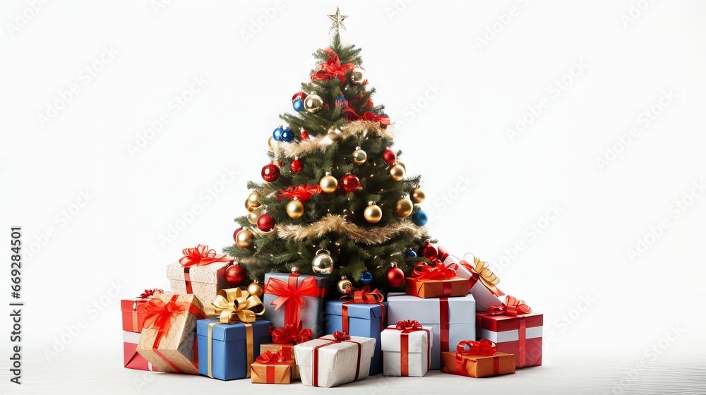 Christmas tree around with gifts isolated on white background Christmas tree around with gifts isolated on white background