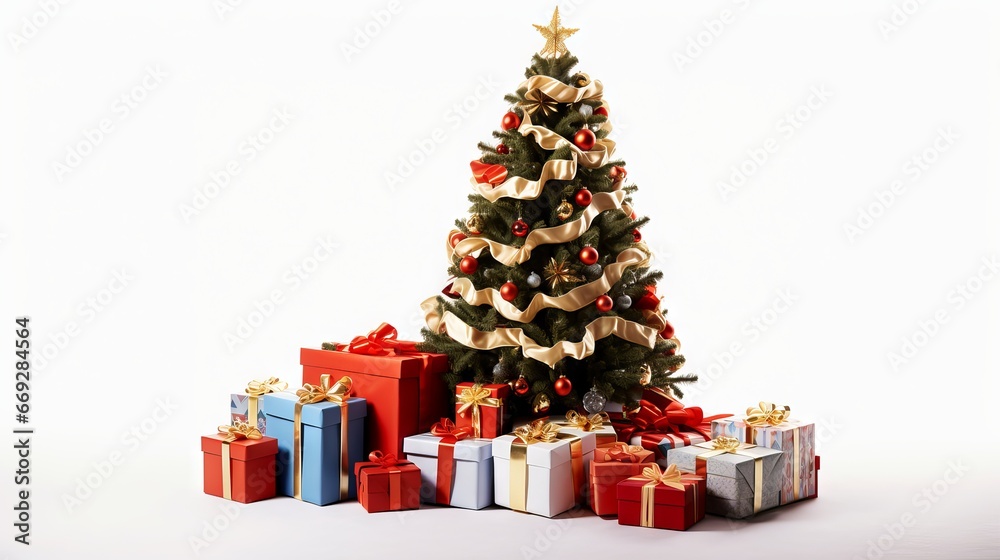 Christmas tree around with gifts isolated on white background Christmas tree around with gifts isolated on white background